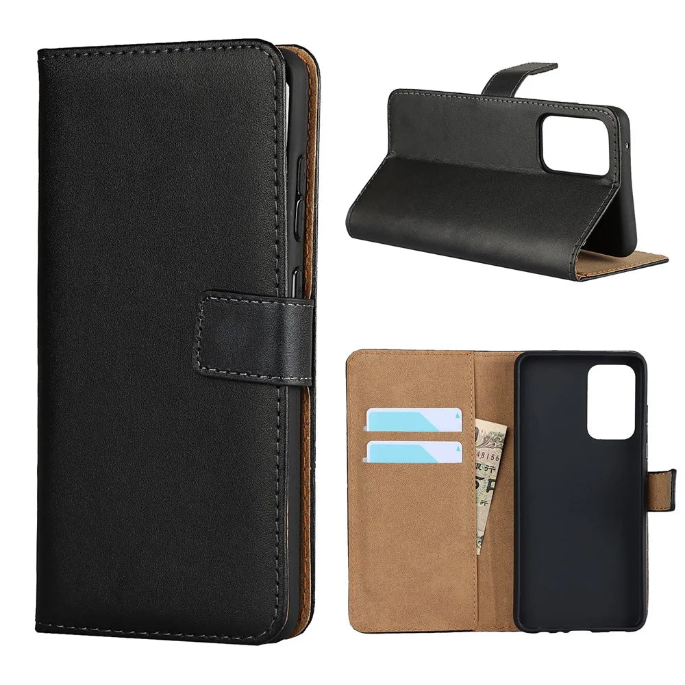 Premium Genuine Leather Phone Folio Flip Wallet Stand Shell for Samsung Galaxy A52 5G / A52 4G - 1