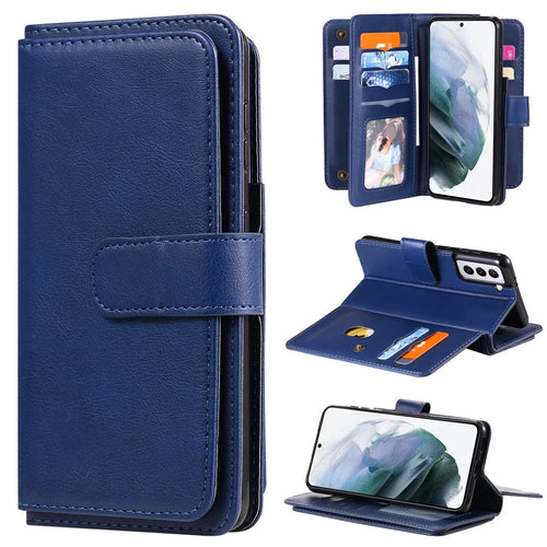 For Samsung Galaxy S21 Plus 5G Leather Case with 10 Card Holder Phone Cover Stand - Dark Blue - 1