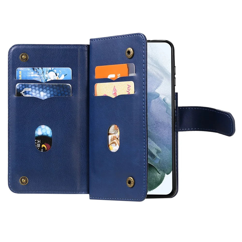 For Samsung Galaxy S21 Plus 5G Leather Case with 10 Card Holder Phone Cover Stand - Dark Blue - 6