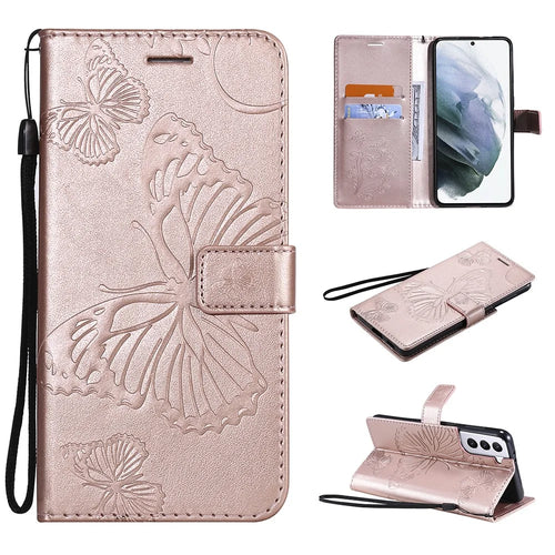 For Samsung Galaxy S21 4G / 5G Wallet Case Floral Butterfly Imprinted Leather Phone Cover Stand - Rose Gold - 1