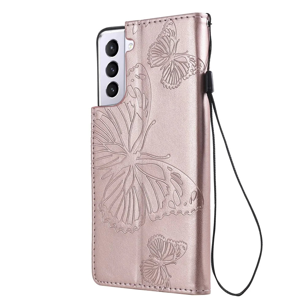 For Samsung Galaxy S21 4G / 5G Wallet Case Floral Butterfly Imprinted Leather Phone Cover Stand - Rose Gold - 4