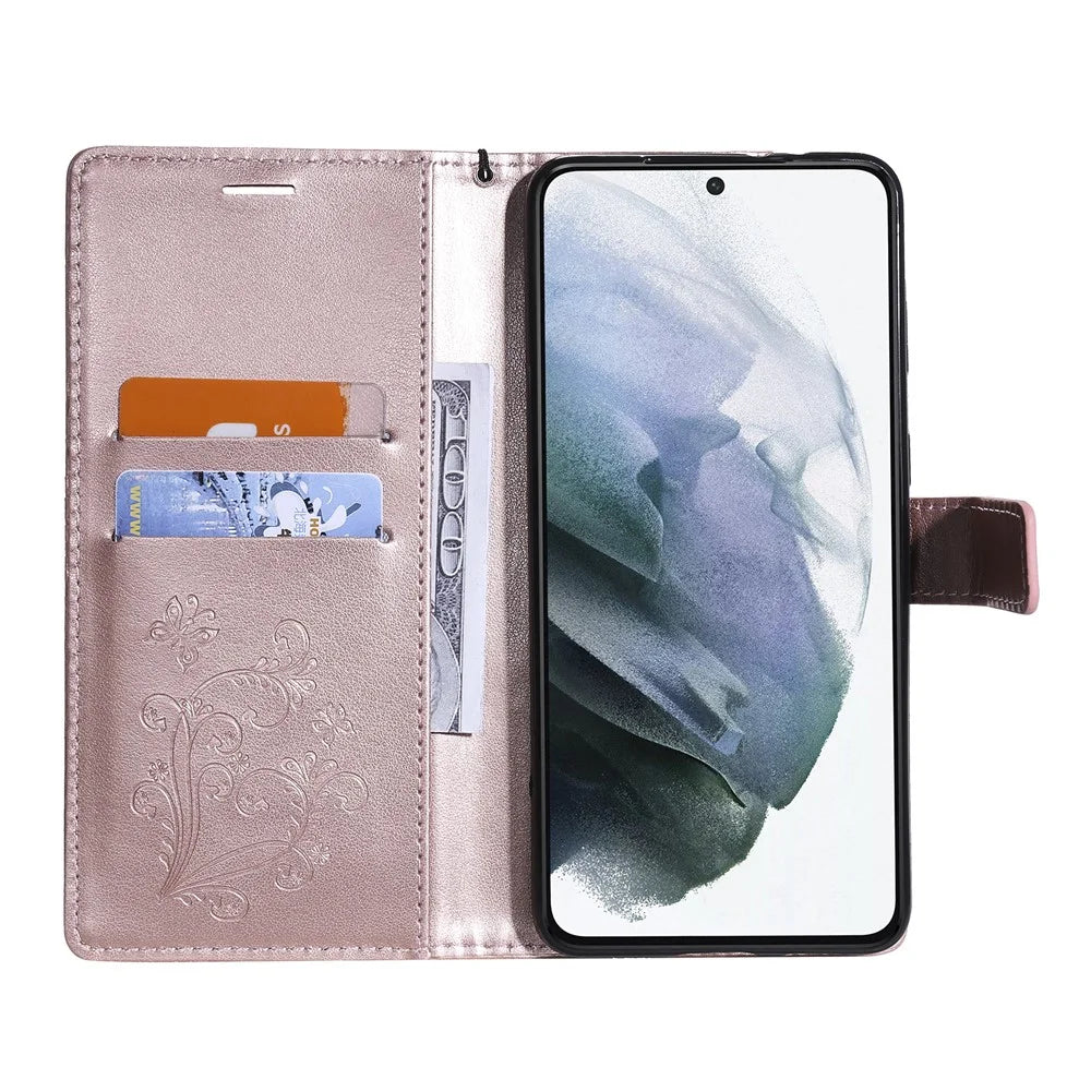 For Samsung Galaxy S21 4G / 5G Wallet Case Floral Butterfly Imprinted Leather Phone Cover Stand - Rose Gold - 5