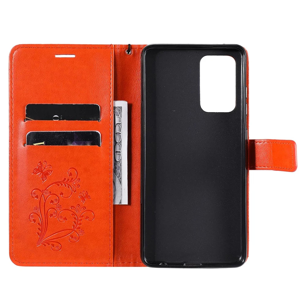 For Samsung Galaxy A52 4G / 5G / A52s 5G Wallet Case Floral Butterfly Imprinted Leather Phone Cover Stand - Orange - 5