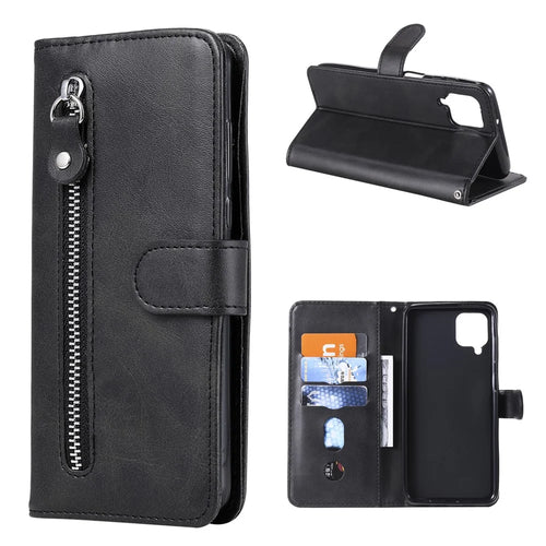 Zipper Pocket Leather Wallet Stand Case for Samsung Galaxy A12 - Black - 1