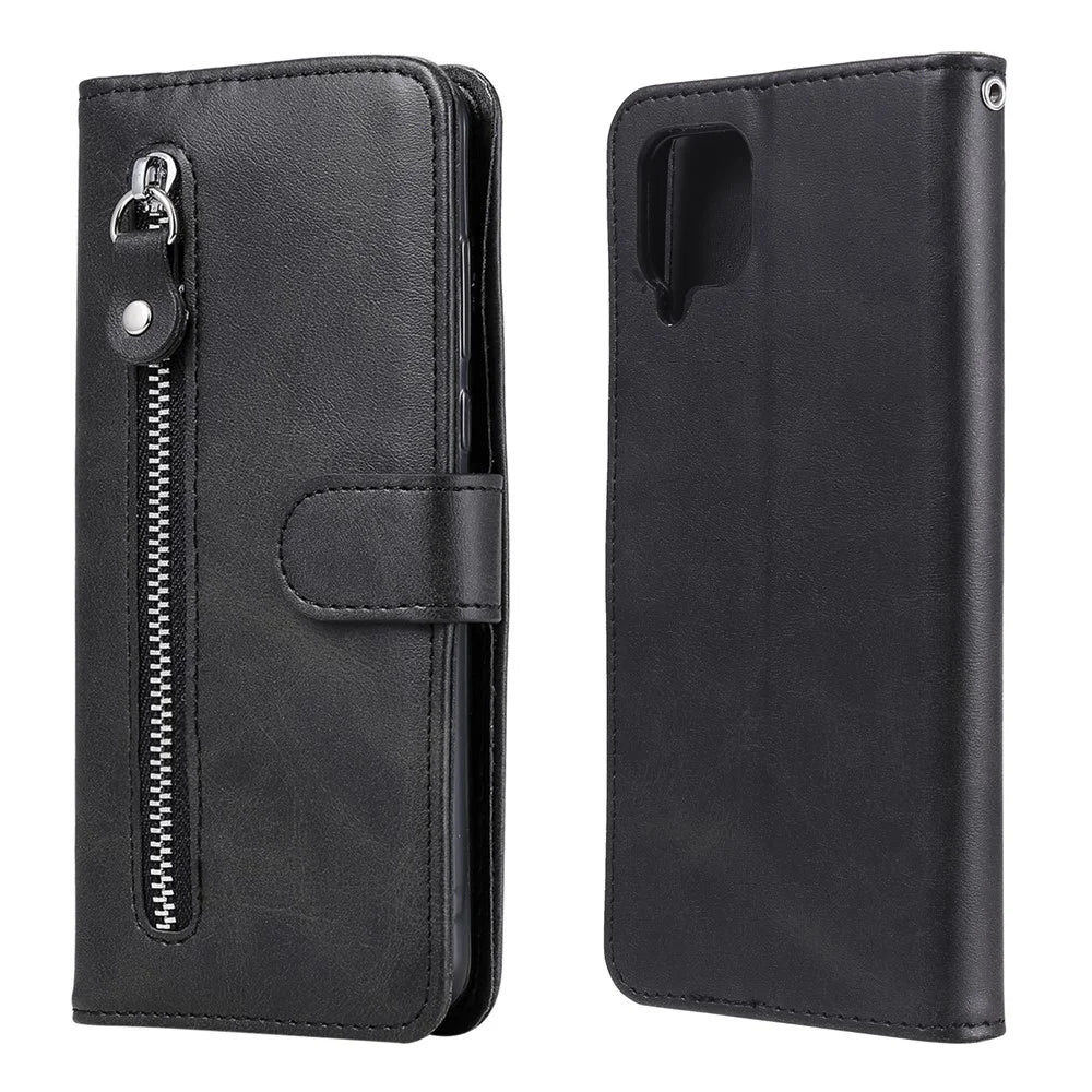 Zipper Pocket Leather Wallet Stand Case for Samsung Galaxy A12 - Black - 2