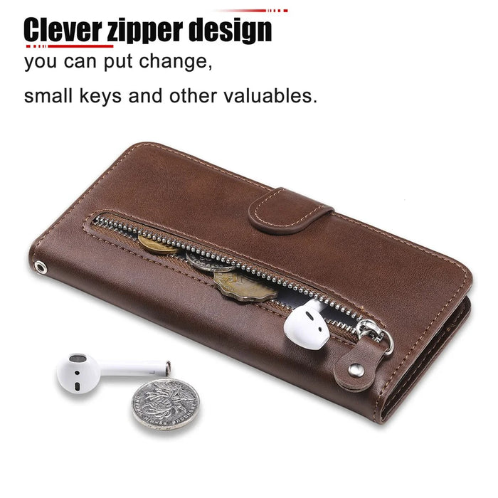 Zipper Pocket Leather Wallet Stand Case for Samsung Galaxy A02s (164.2mm) - Brown - 6
