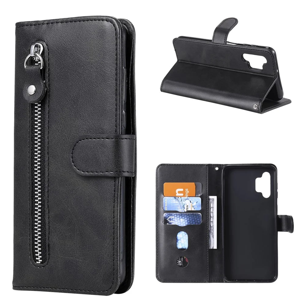 Zipper Pocket Wallet Leather Stand Case for Samsung Galaxy A32 5G/M32 5G Cover - Black - 1