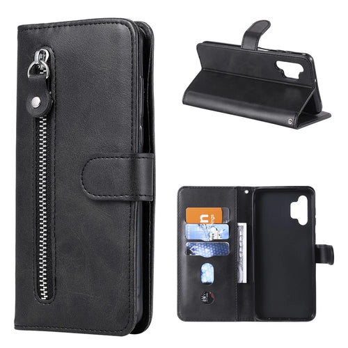 Zipper Pocket Wallet Leather Stand Case for Samsung Galaxy A32 5G/M32 5G Cover - Black - 1