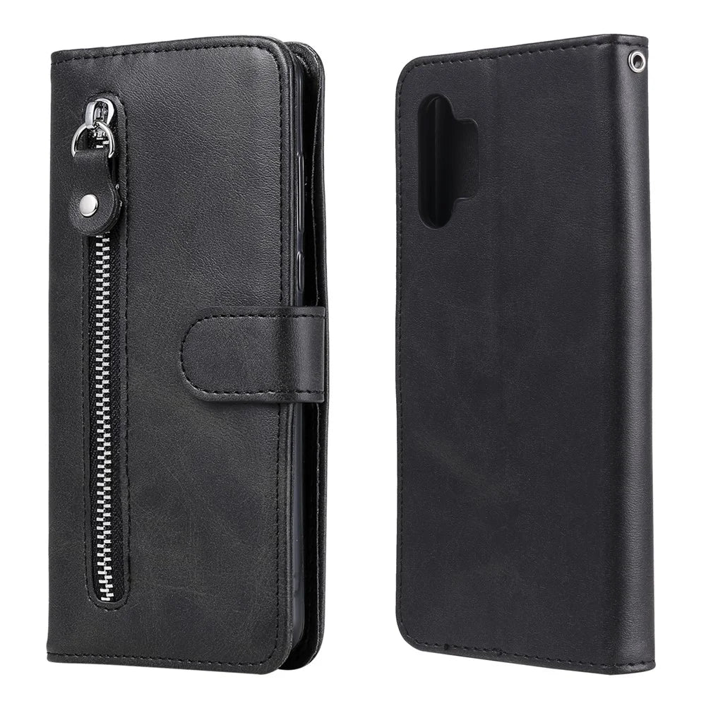 Zipper Pocket Wallet Leather Stand Case for Samsung Galaxy A32 5G/M32 5G Cover - Black - 2