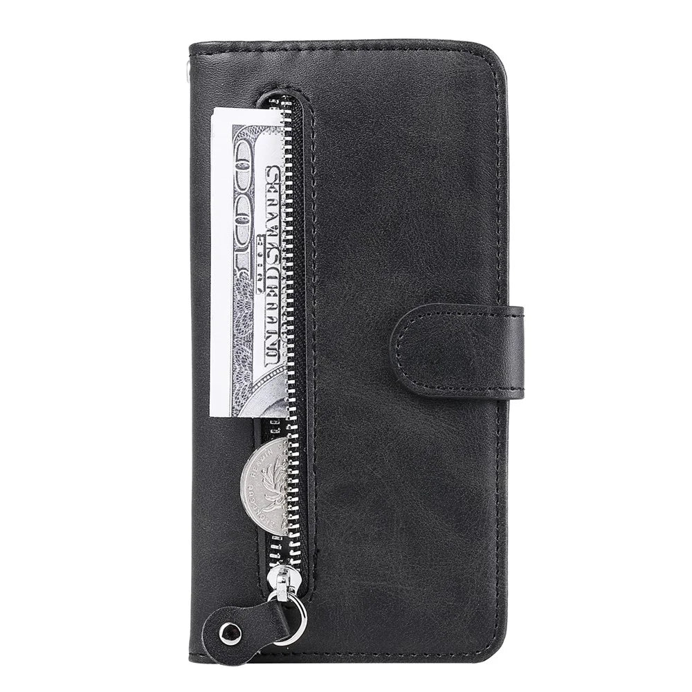Zipper Pocket Wallet Leather Stand Case for Samsung Galaxy A32 5G/M32 5G Cover - Black - 3