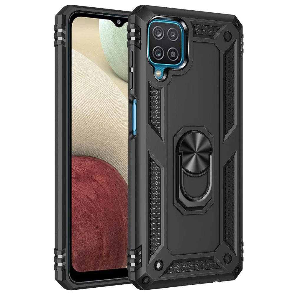 Hybrid PC + TPU Anti-drop Phone Shell with Ring Kickstand for Samsung Galaxy A12 - Black - 1