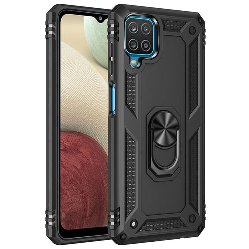 Hybrid PC + TPU Anti-drop Phone Shell with Ring Kickstand for Samsung Galaxy A12 - Black - 1