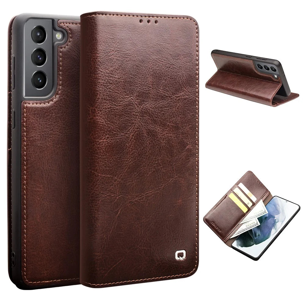 QIALINO Wallet Design Genuine Leather Folio Flip Stand Phone Case Cover for Samsung Galaxy S21 4G / 5G - Brown - 1