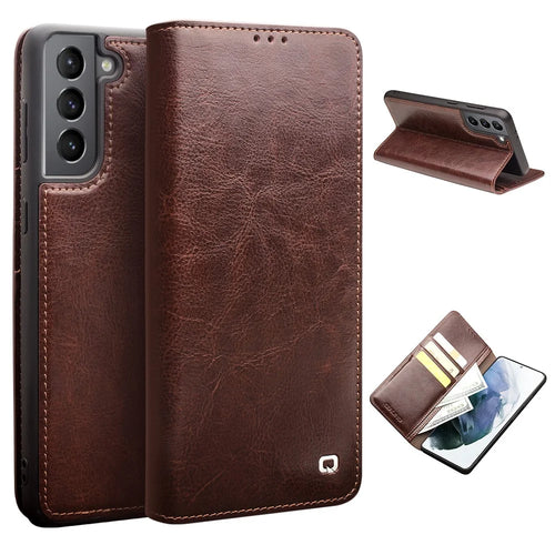 QIALINO Wallet Design Genuine Leather Folio Flip Stand Phone Case Cover for Samsung Galaxy S21 4G / 5G - Brown - 1