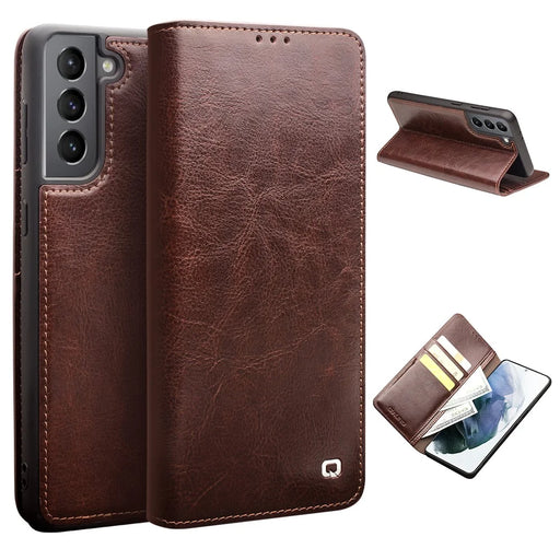 QIALINO Wallet Design Genuine Leather Folio Flip Stand Phone Case Cover for Samsung Galaxy S21 4G / 5G - Brown - 1
