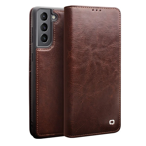 QIALINO Wallet Design Genuine Leather Folio Flip Stand Phone Case Cover for Samsung Galaxy S21 4G / 5G - Brown - 2