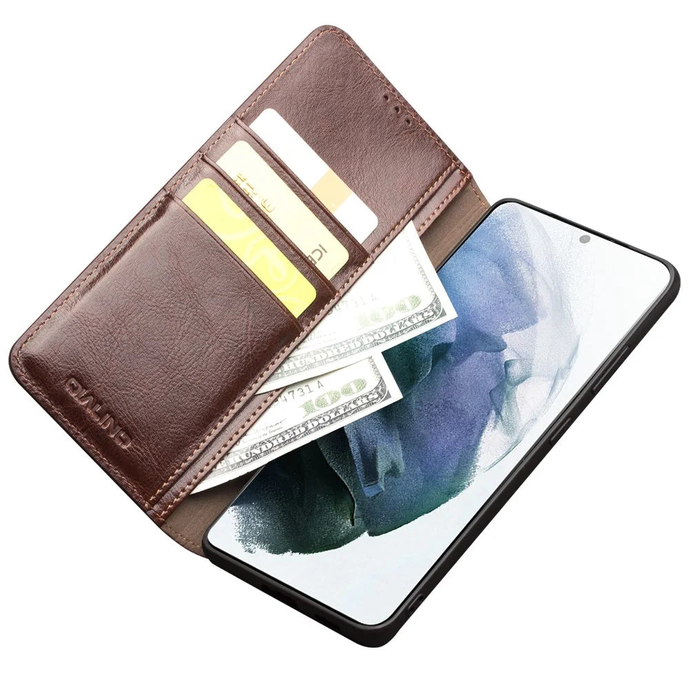 QIALINO Wallet Design Genuine Leather Folio Flip Stand Phone Case Cover for Samsung Galaxy S21 4G / 5G - Brown - 3