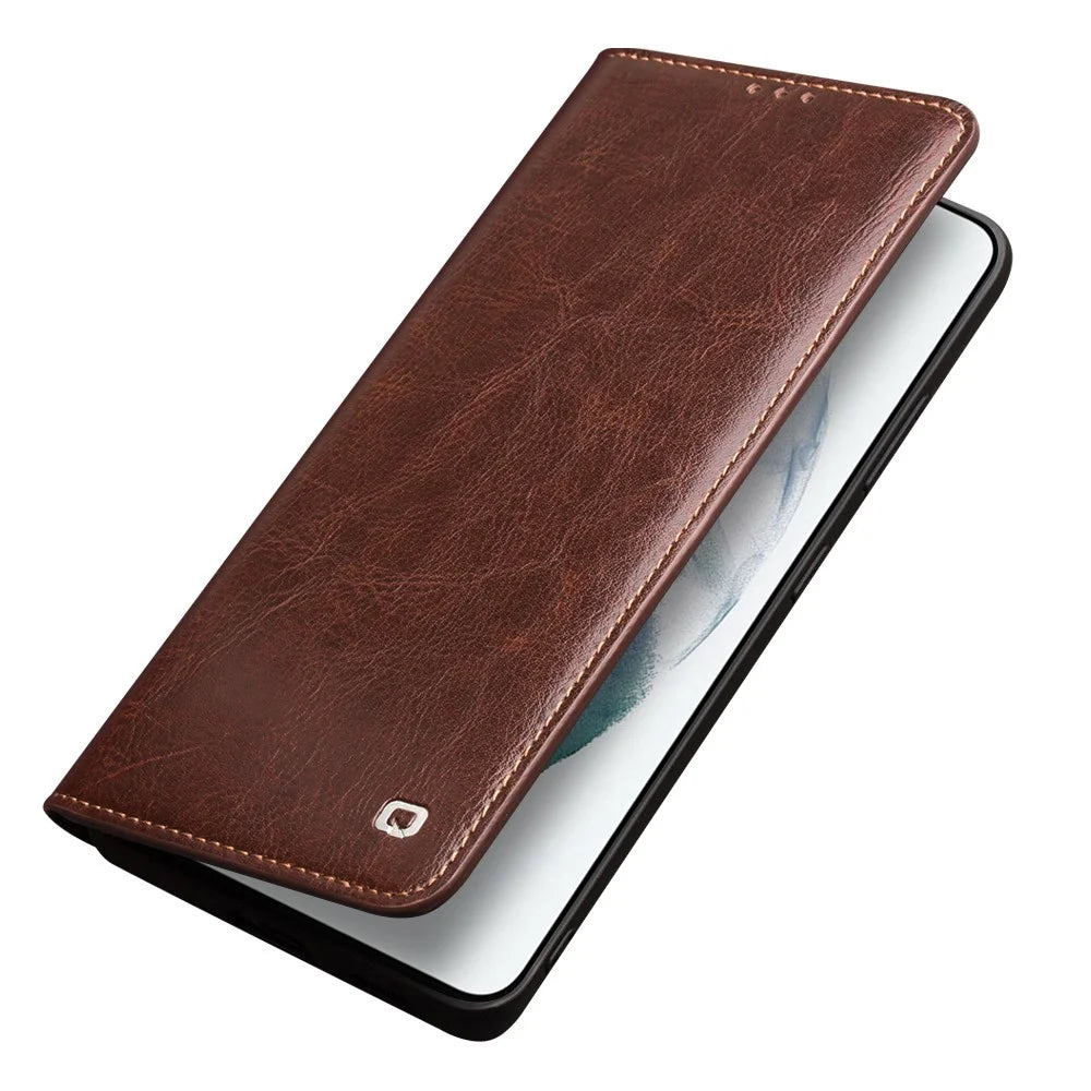 QIALINO Wallet Design Genuine Leather Folio Flip Stand Phone Case Cover for Samsung Galaxy S21 4G / 5G - Brown - 4