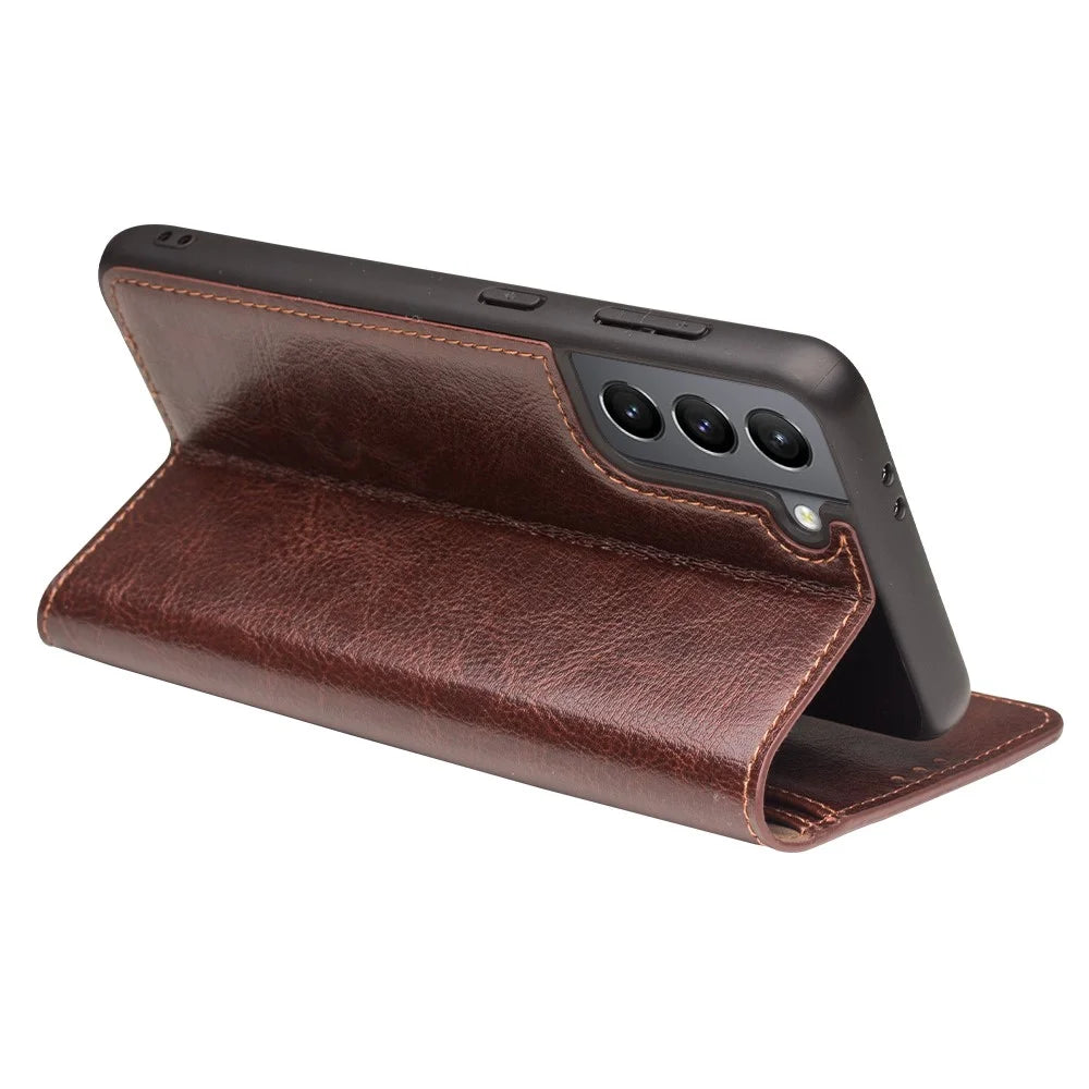 QIALINO Wallet Design Genuine Leather Folio Flip Stand Phone Case Cover for Samsung Galaxy S21 4G / 5G - Brown - 5