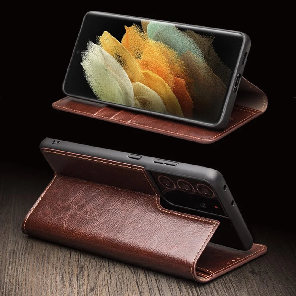 QIALINO Wallet Design Genuine Leather Folio Flip Stand Phone Case Cover for Samsung Galaxy S21 4G / 5G - Brown - 7