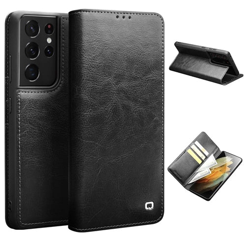 QIALINO Genuine Leather Phone Cover for Samsung Galaxy S21 Ultra 5G Stand Wallet Folio Flip Case - Black - 1