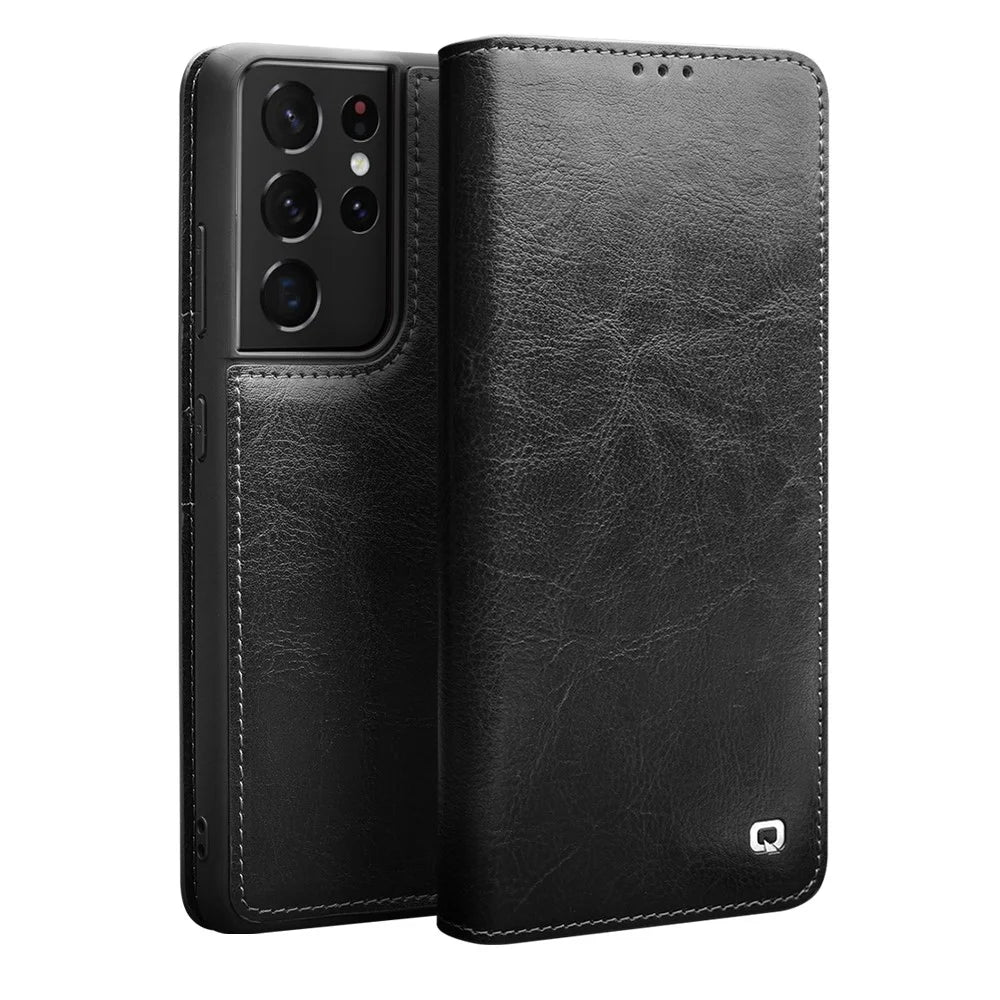 QIALINO Genuine Leather Phone Cover for Samsung Galaxy S21 Ultra 5G Stand Wallet Folio Flip Case - Black - 2