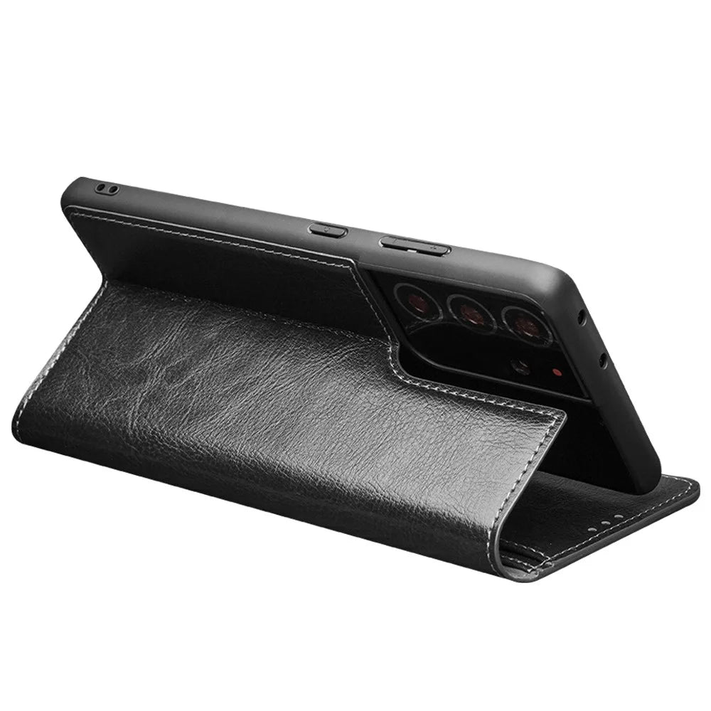 QIALINO Genuine Leather Phone Cover for Samsung Galaxy S21 Ultra 5G Stand Wallet Folio Flip Case - Black - 3