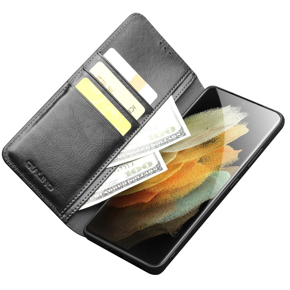 QIALINO Genuine Leather Phone Cover for Samsung Galaxy S21 Ultra 5G Stand Wallet Folio Flip Case - Black - 4
