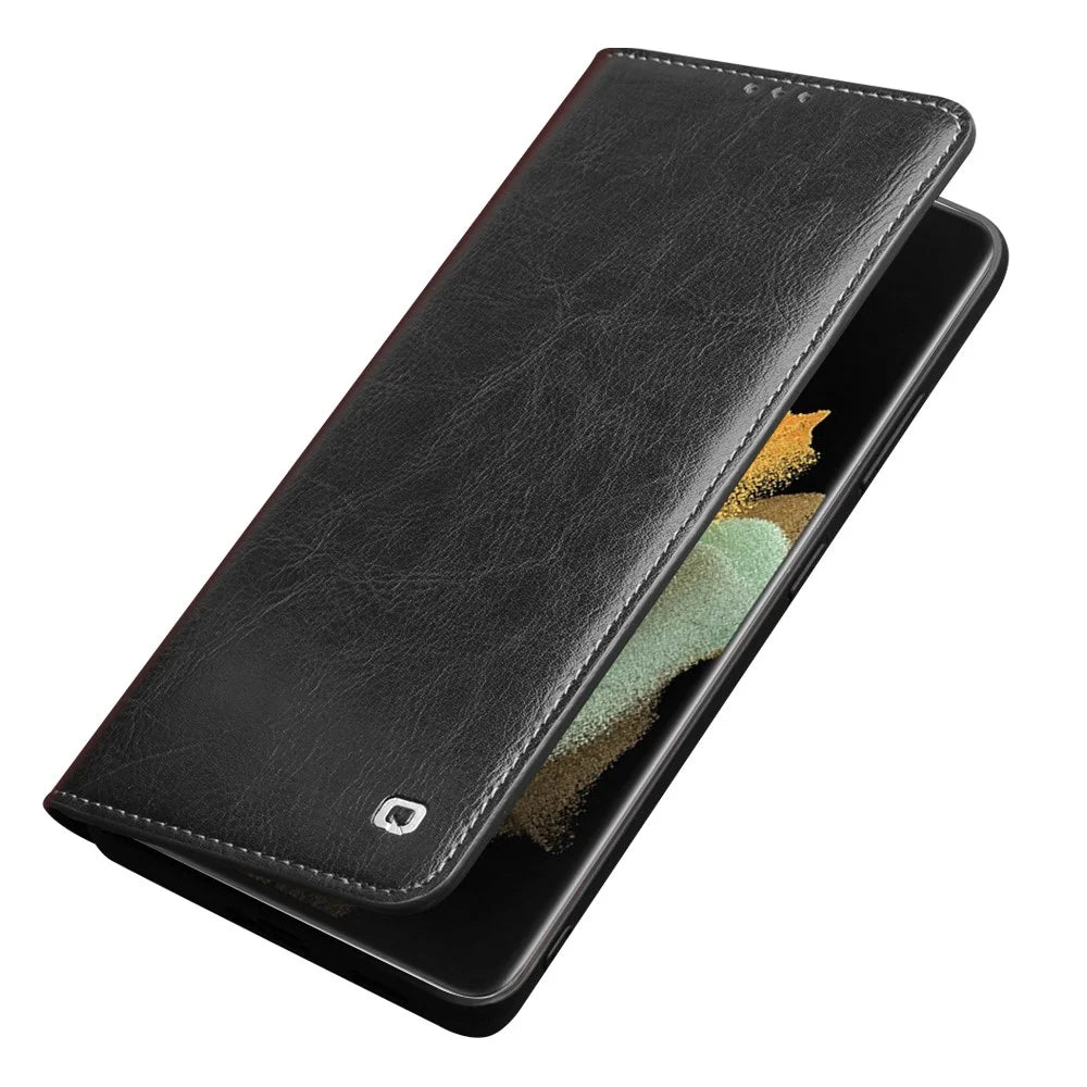 QIALINO Genuine Leather Phone Cover for Samsung Galaxy S21 Ultra 5G Stand Wallet Folio Flip Case - Black - 5