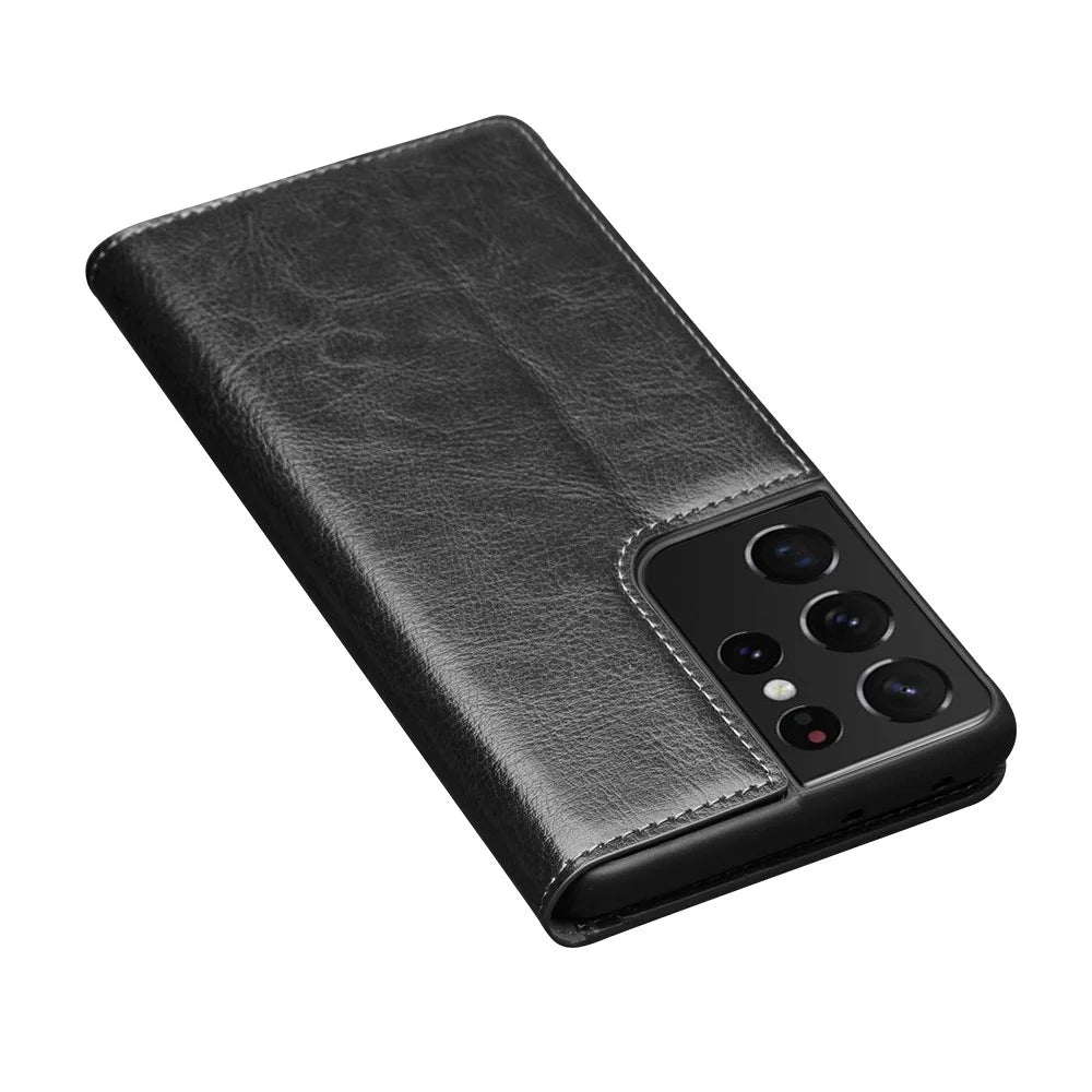 QIALINO Genuine Leather Phone Cover for Samsung Galaxy S21 Ultra 5G Stand Wallet Folio Flip Case - Black - 6