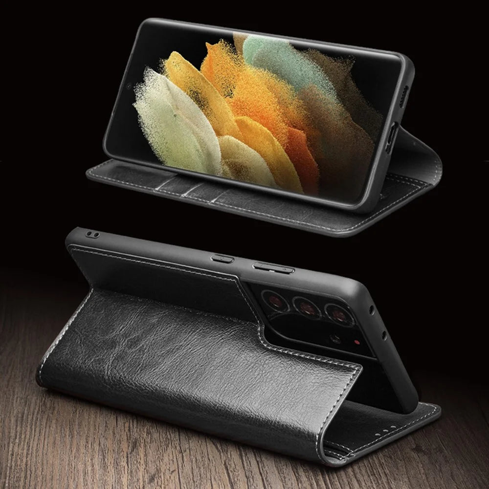 QIALINO Genuine Leather Phone Cover for Samsung Galaxy S21 Ultra 5G Stand Wallet Folio Flip Case - Black - 7