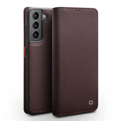 QIALINO Wallet Case Stand Genuine Cow Leather Flip Phone Cover for Samsung Galaxy S21 4G / 5G - Brown - 1