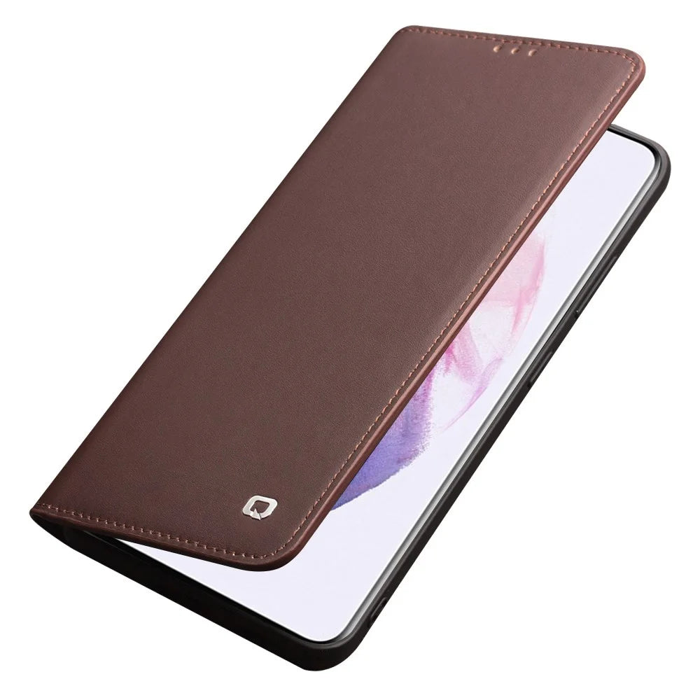 QIALINO Wallet Case Stand Genuine Cow Leather Flip Phone Cover for Samsung Galaxy S21 4G / 5G - Brown - 3