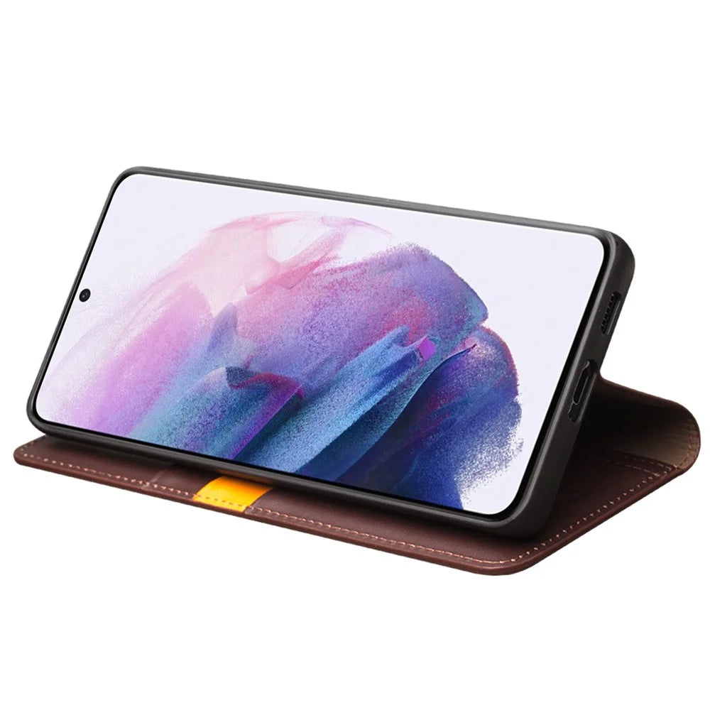 QIALINO Wallet Case Stand Genuine Cow Leather Flip Phone Cover for Samsung Galaxy S21 4G / 5G - Brown - 4
