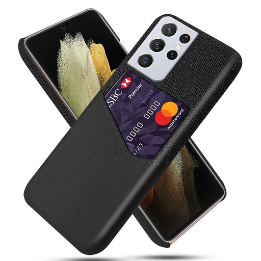 Card Slot Cloth + PU Leather + PC Hybrid Cover for Samsung Galaxy S21 Ultra 5G Case - Black - 1