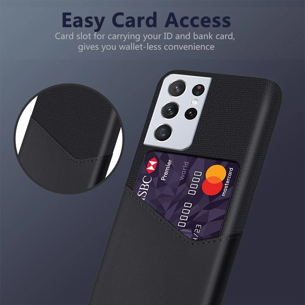 Card Slot Cloth + PU Leather + PC Hybrid Cover for Samsung Galaxy S21 Ultra 5G Case - Black - 2