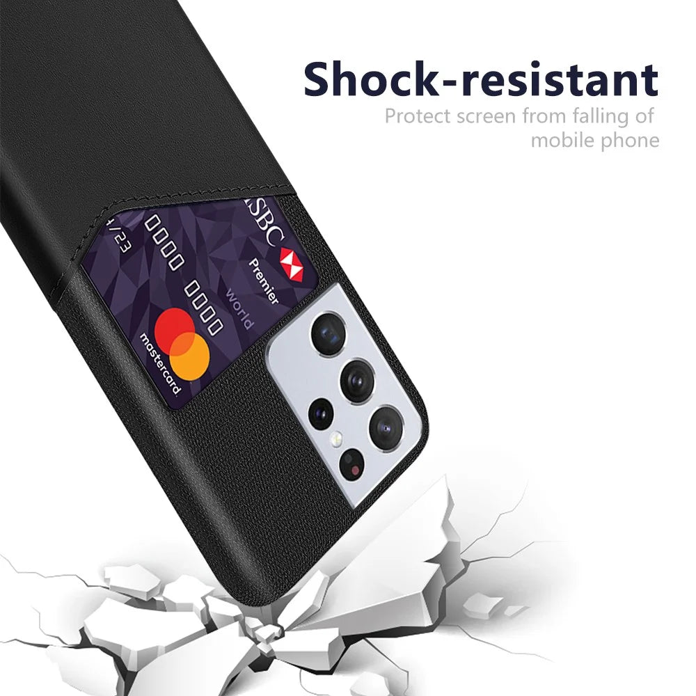 Card Slot Cloth + PU Leather + PC Hybrid Cover for Samsung Galaxy S21 Ultra 5G Case - Black - 3