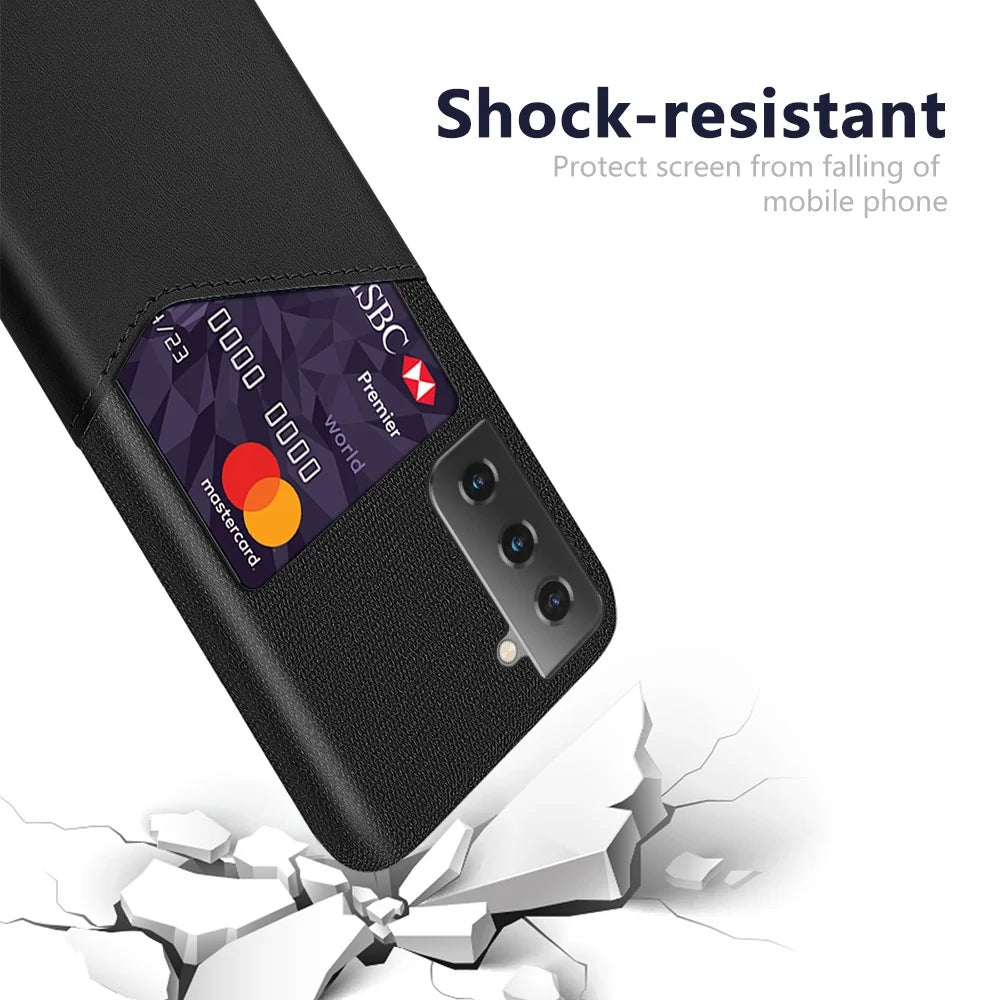 Card Holder Design Cloth Texture PU Leather Coated Hard PC Back Cover for Samsung Galaxy S21 4G / 5G - Black - 3