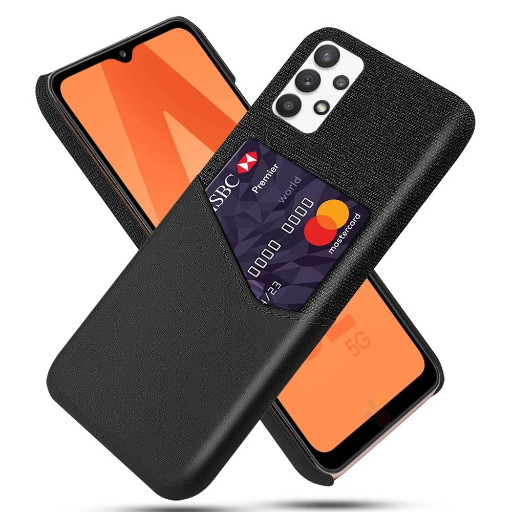Card Holder Cloth + PU Leather Coated PC Back Cover for Samsung Galaxy A32 5G / M32 5G - Black - 1