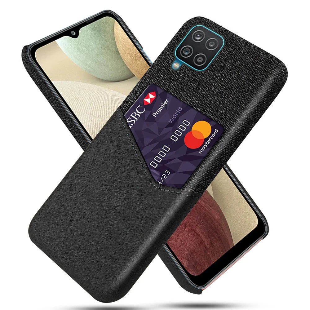 Card Holder Cloth + PU Leather Coated PC Back Cover for Samsung Galaxy A12 - Black - 1