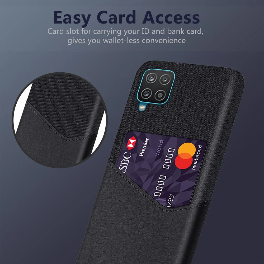 Card Holder Cloth + PU Leather Coated PC Back Cover for Samsung Galaxy A12 - Black - 2