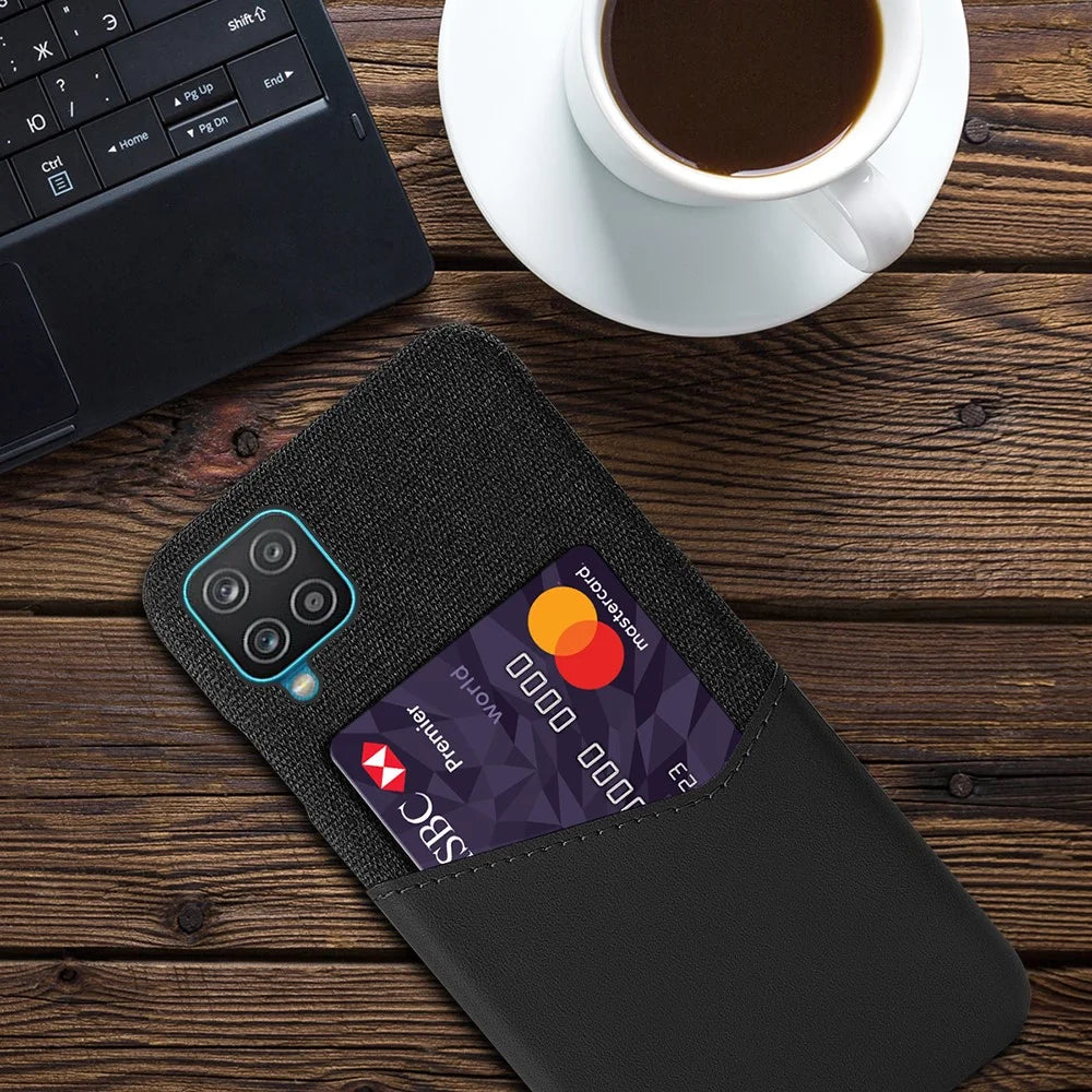 Card Holder Cloth + PU Leather Coated PC Back Cover for Samsung Galaxy A12 - Black - 4