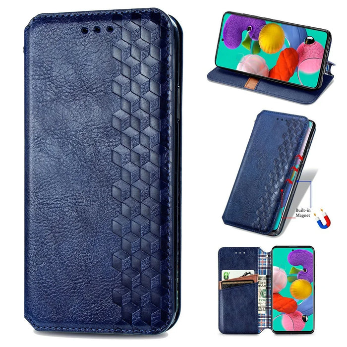 For Samsung Galaxy A71 SM-A715 PU Leather Case Rhombus Imprint Wallet Stand Phone Cover - Blue - 1