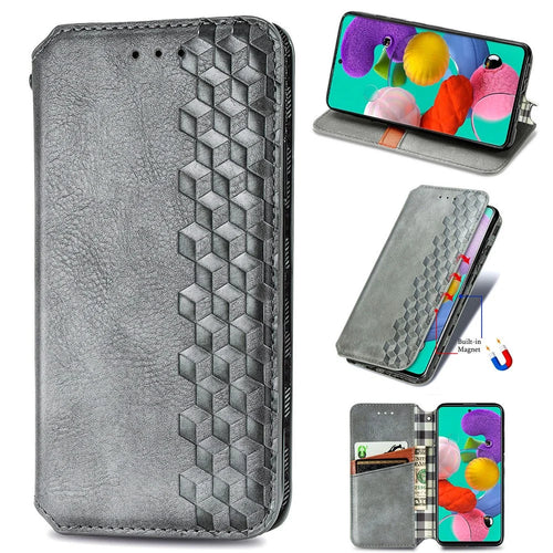 For Samsung Galaxy A51 4G SM-A515 PU Leather Case Rhombus Imprint Wallet Stand Phone Cover - Grey - 1