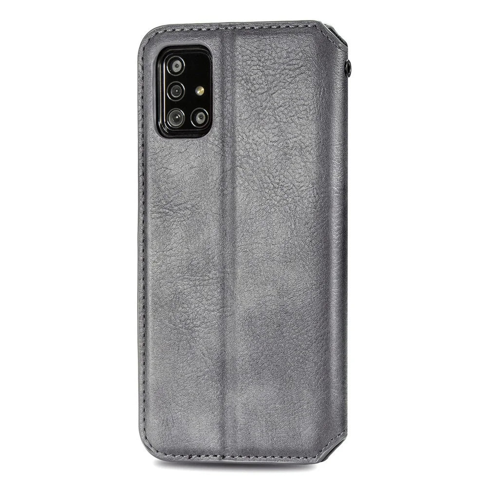 For Samsung Galaxy A51 4G SM-A515 PU Leather Case Rhombus Imprint Wallet Stand Phone Cover - Grey - 4
