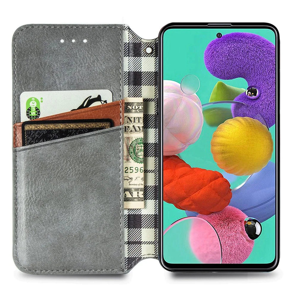 For Samsung Galaxy A51 4G SM-A515 PU Leather Case Rhombus Imprint Wallet Stand Phone Cover - Grey - 5