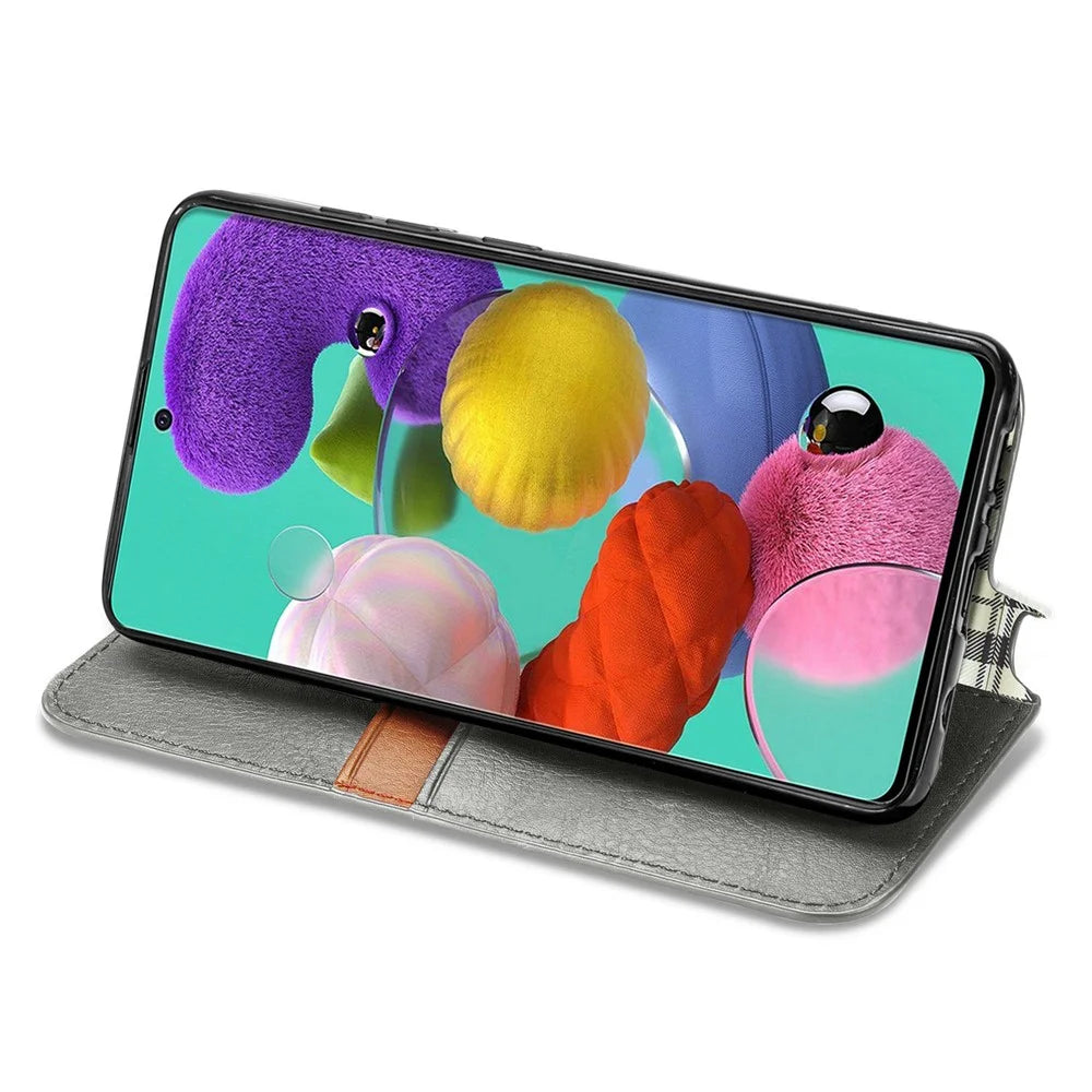 For Samsung Galaxy A51 4G SM-A515 PU Leather Case Rhombus Imprint Wallet Stand Phone Cover - Grey - 6