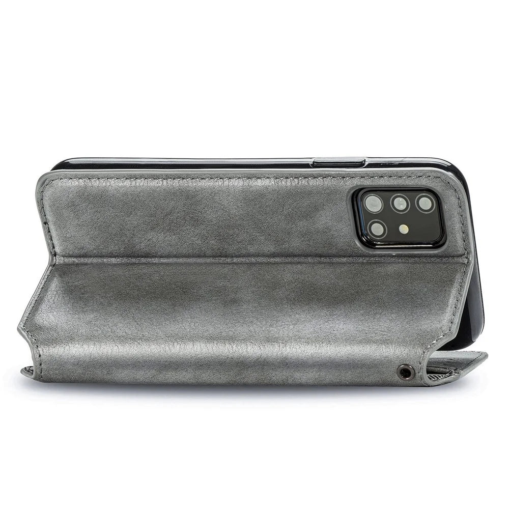 For Samsung Galaxy A51 4G SM-A515 PU Leather Case Rhombus Imprint Wallet Stand Phone Cover - Grey - 7