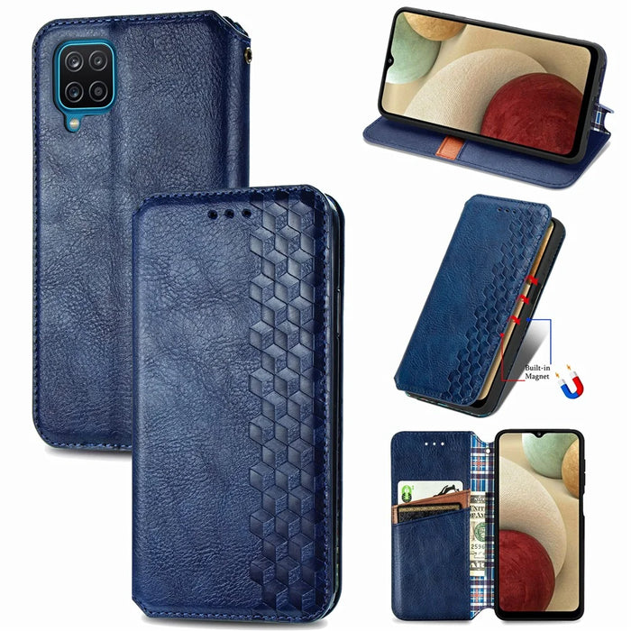 For Samsung Galaxy A12 PU Leather Case Rhombus Imprint Wallet Stand Phone Cover - Blue - 1
