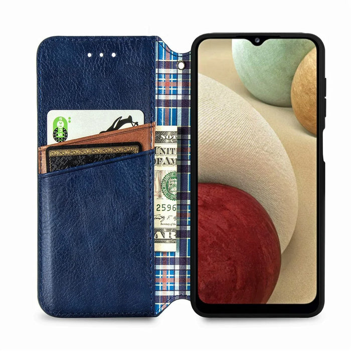 For Samsung Galaxy A12 PU Leather Case Rhombus Imprint Wallet Stand Phone Cover - Blue - 3